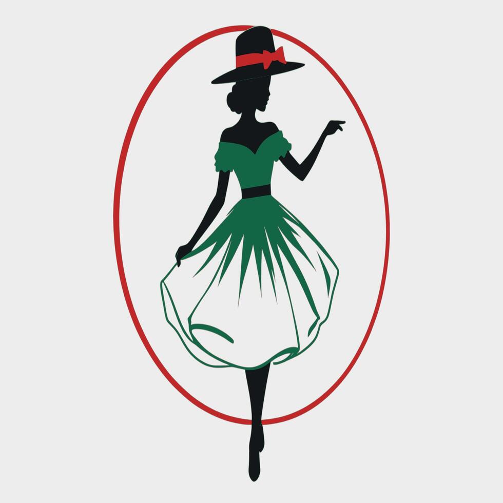 A woman in a green dress and hat is silhouetted in a circle vector