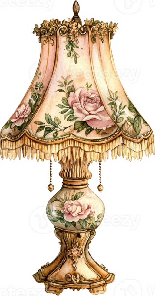 Vintage Ornate Table Lamp with Floral Pink Shade and Fringe Detailing png