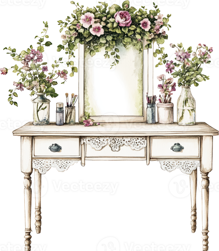 Vintage Vanity Table with Ornate Mirror and Floral Garland in Shabby Chic Style png