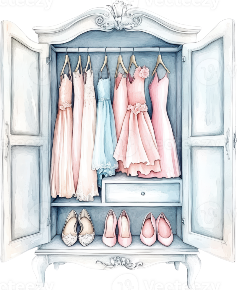 Vintage Wardrobe with Dresses and Shoes in Pastel Colors png