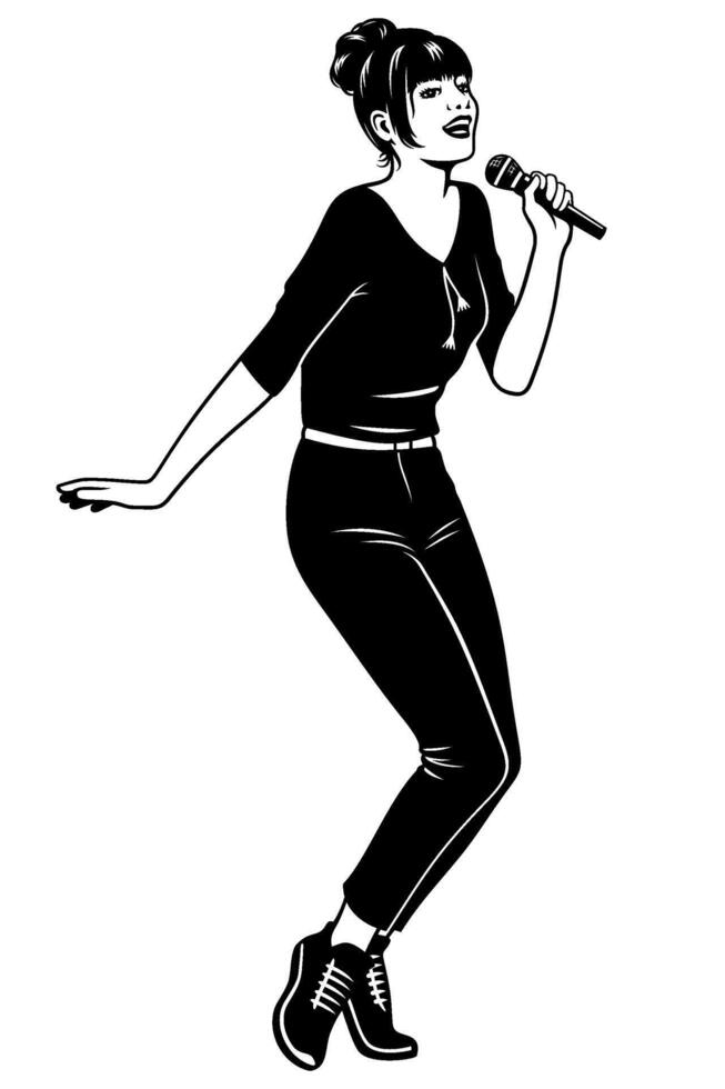 Pop Singer Woman in Skinny Trousers. Black and white clipart isolated on white. vector