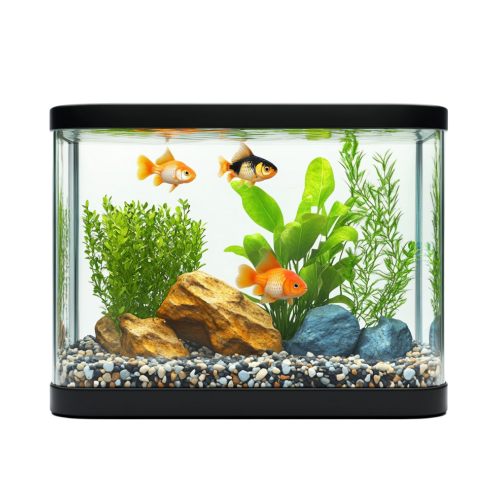 Small Rectangular Aquarium with Goldfish, Aquatic Plants, and Natural Rocks png