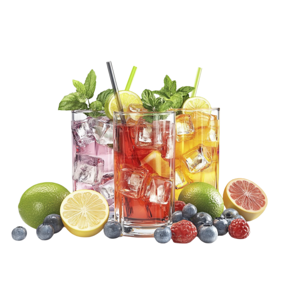 Refreshing Fruit Cocktail Glasses with Ice Cubes on Transparent Background png