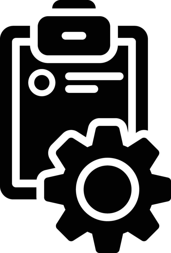A black and white icon of a clipboard and gear vector