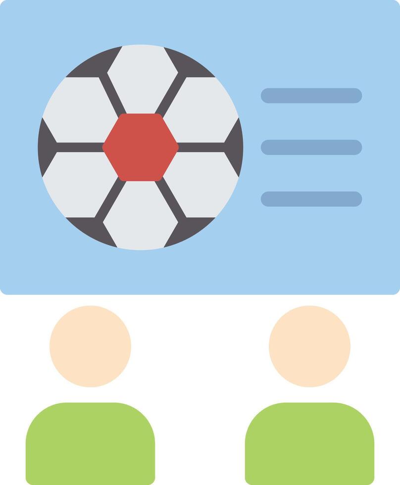 A soccer ball and two people are shown in a flat icon vector