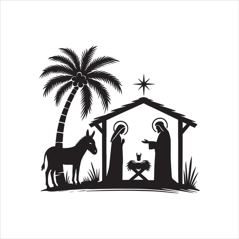 The Birth of Jesus Illustrated in Simple Black and White vector
