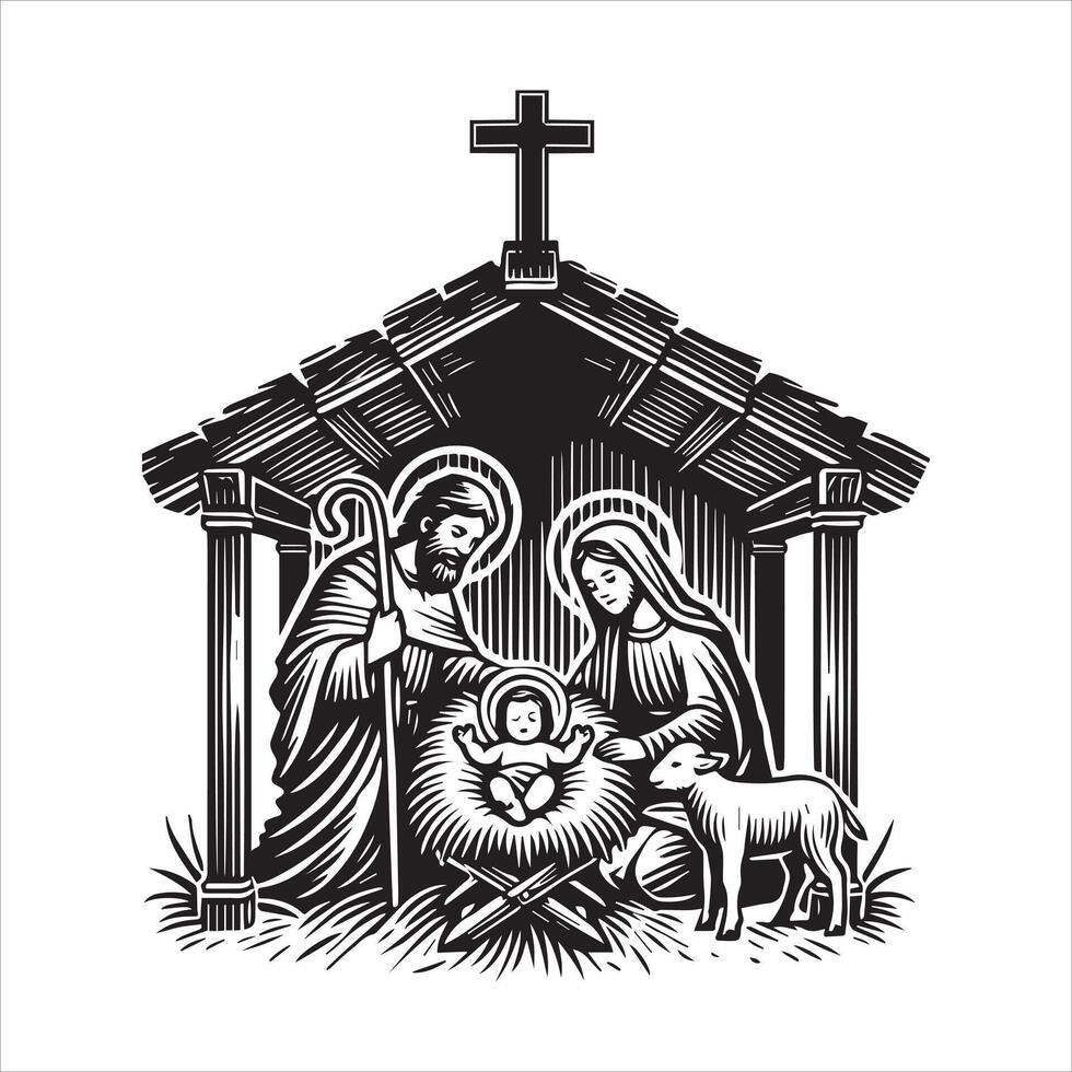 Black and White Nativity Drawing with Mary and Joseph vector