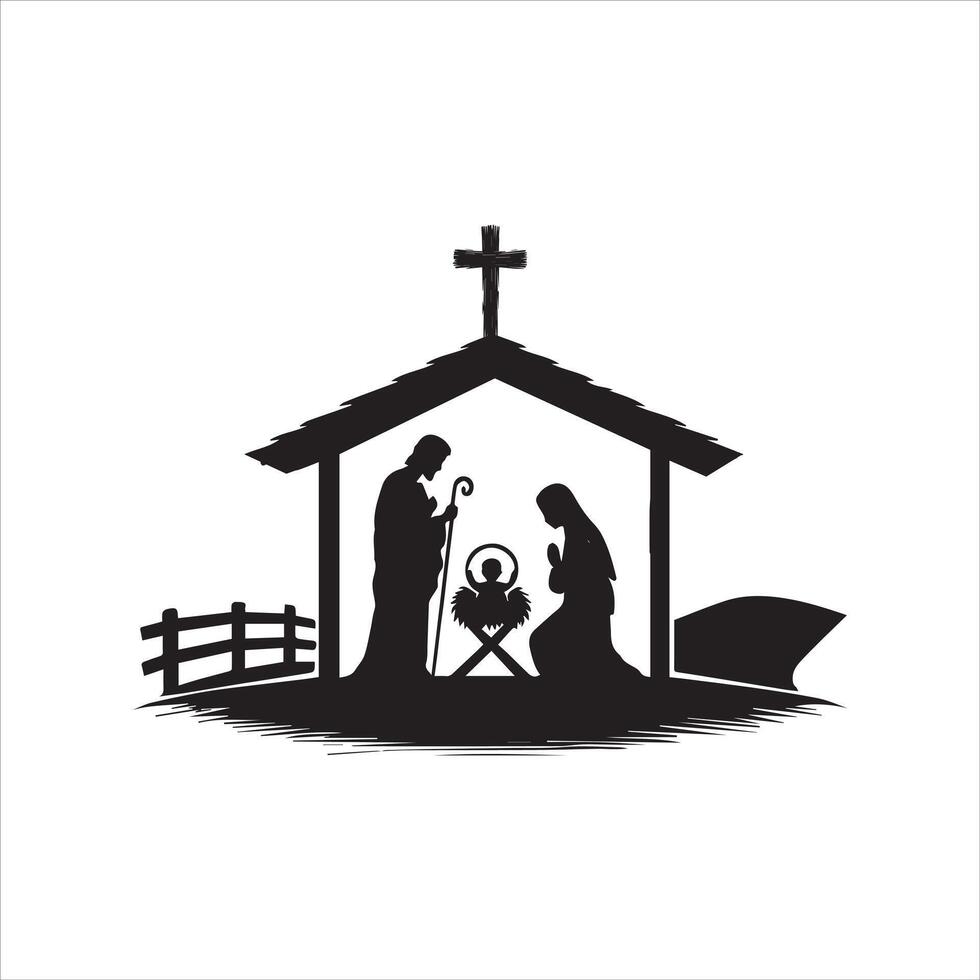 Black and White Christmas Nativity Scene vector