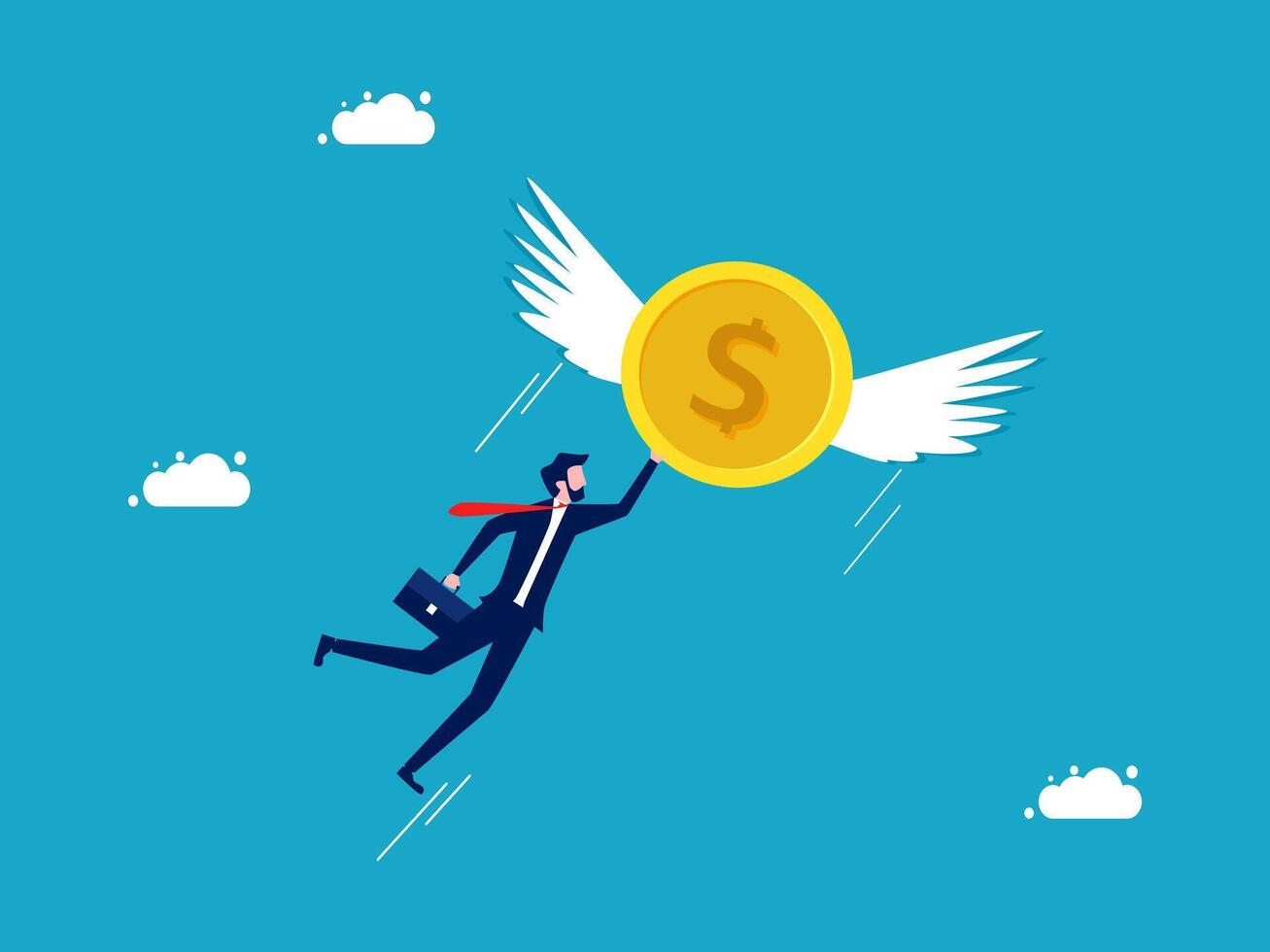 businessman flying with dollar coin and wings on blue background vector