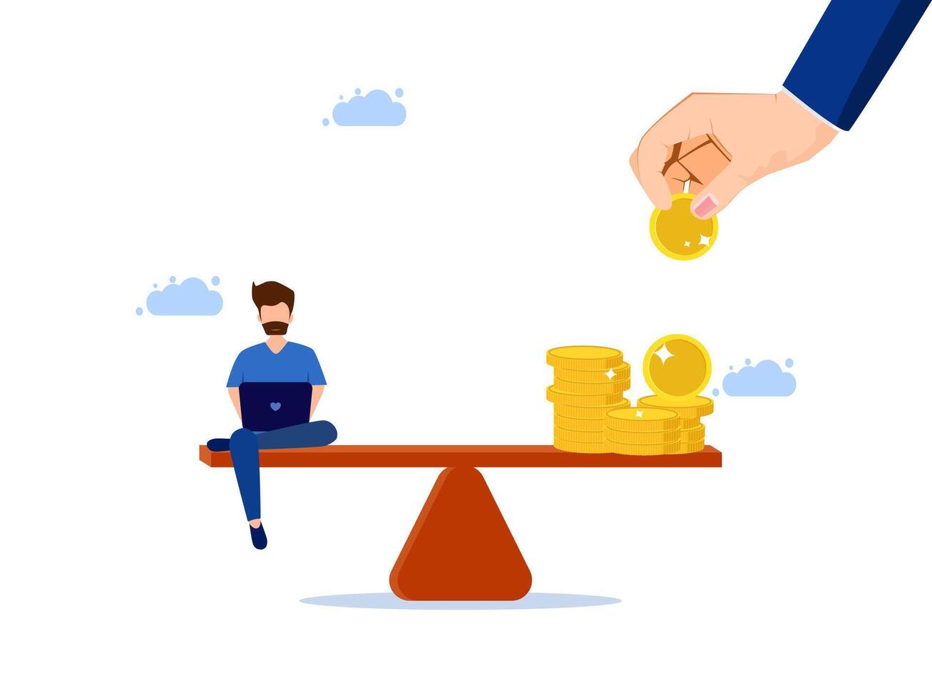 a person sitting on a bench with a laptop and coins vector