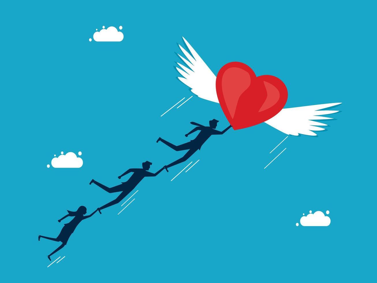 people running with wings and heart on blue background vector