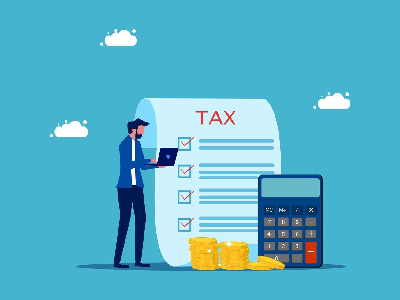 businessman with calculator and tax form on blue background vector