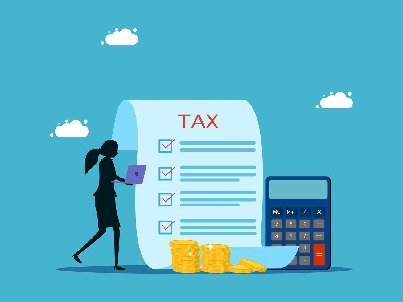 businesswoman with calculator and tax form on blue background vector