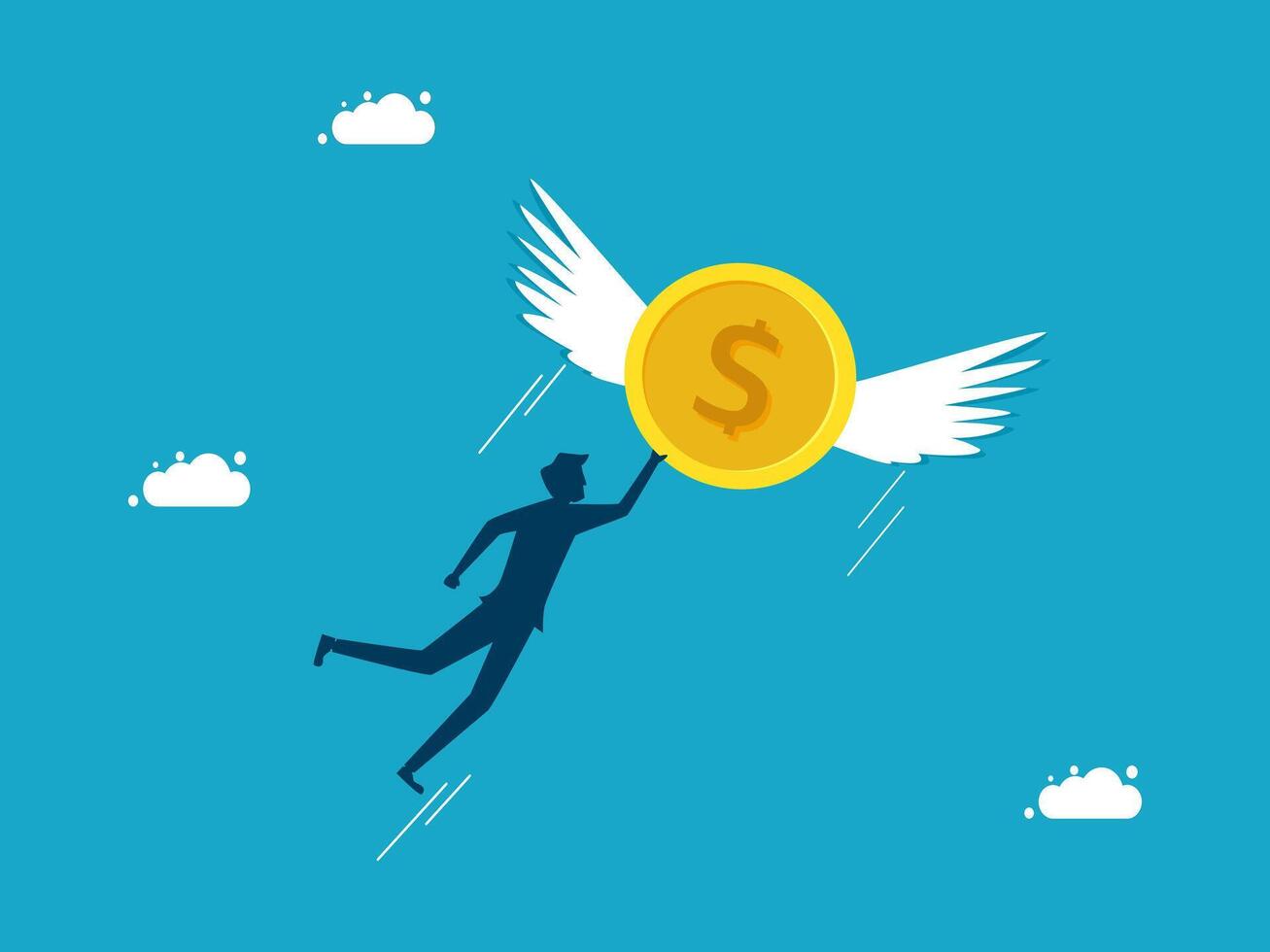 man flying with dollar coin and wings on blue background vector
