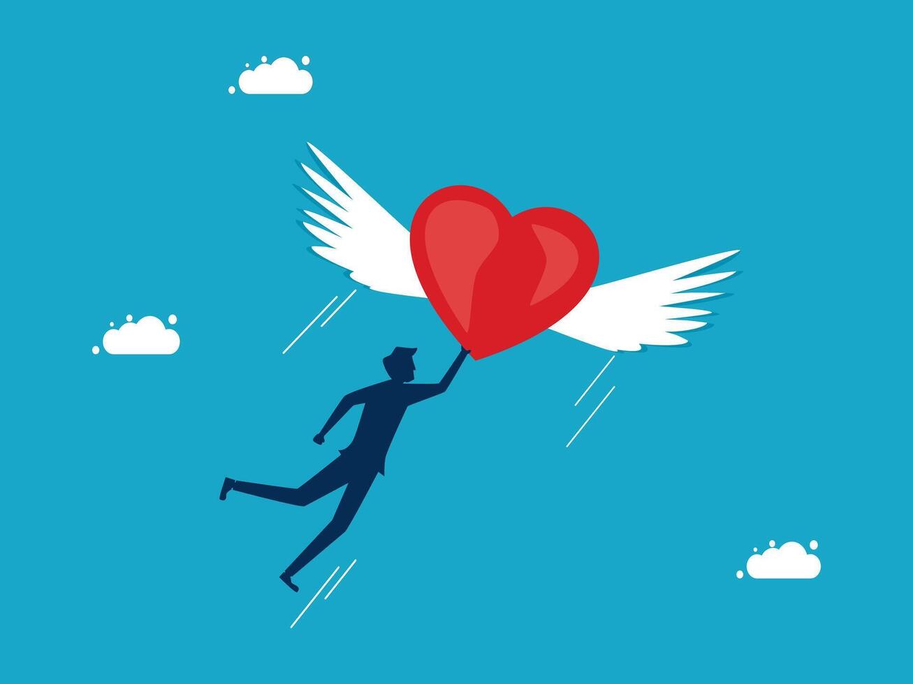 man flying with heart shaped wings, business concept, flat isometric vector