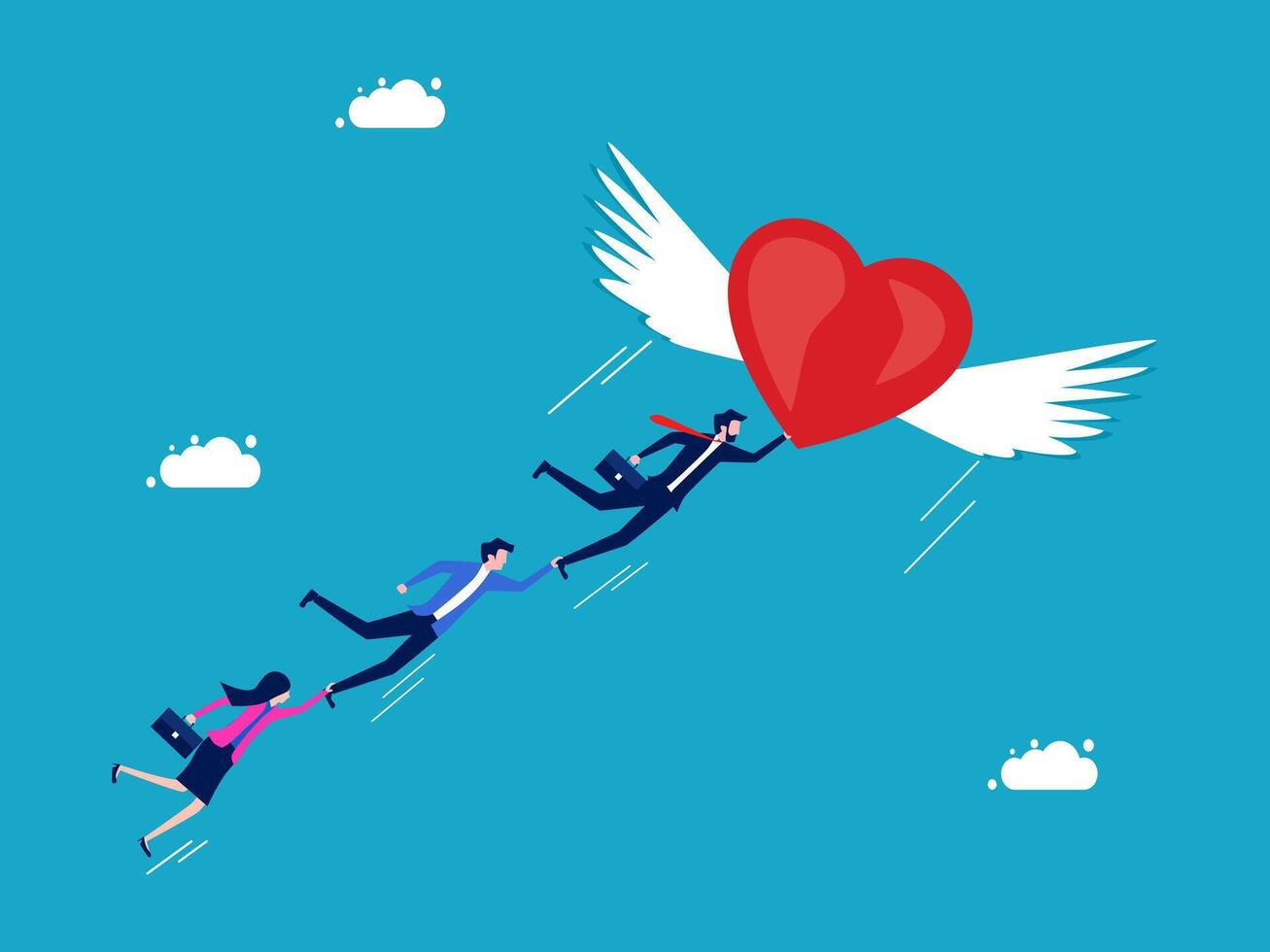 business people running with wings and heart on blue background vector