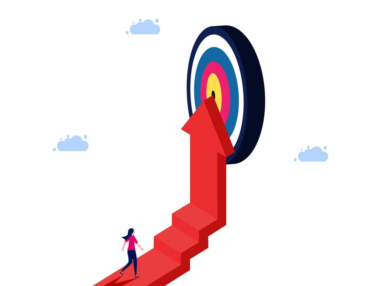 isometric illustration of a person climbing up the stairs to the target vector