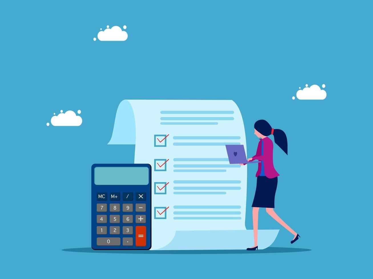 businesswoman with calculator and checklist on blue background vector