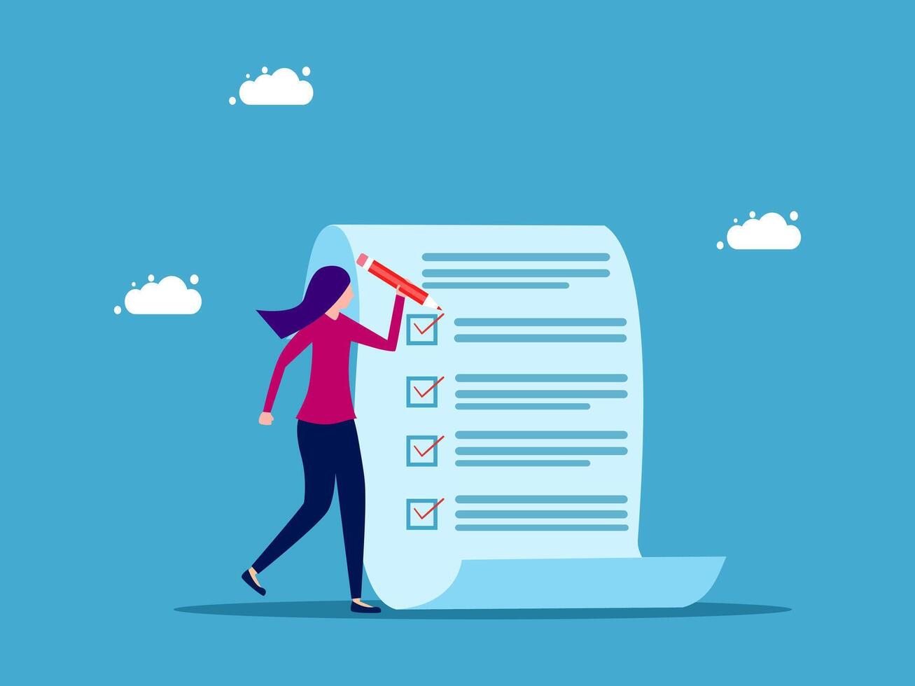 business woman with pen and checklist on blue background vector