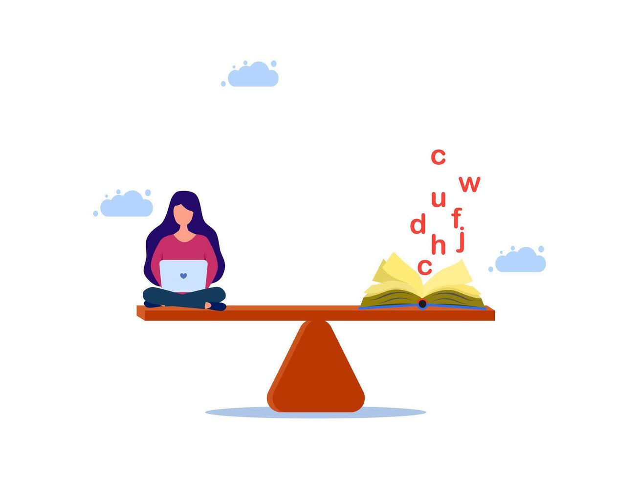 a woman sitting on a bench with a laptop and a book vector