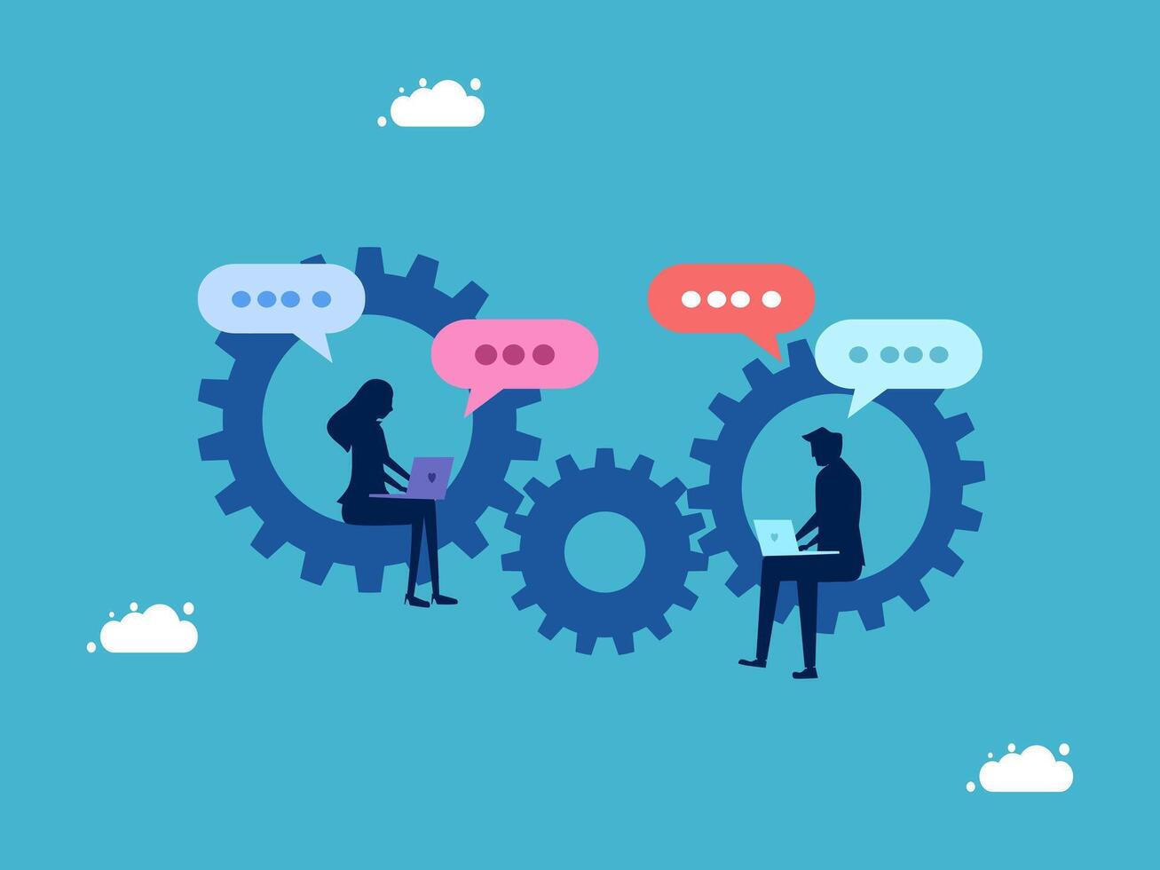 business people sitting in a circle with gears around them vector