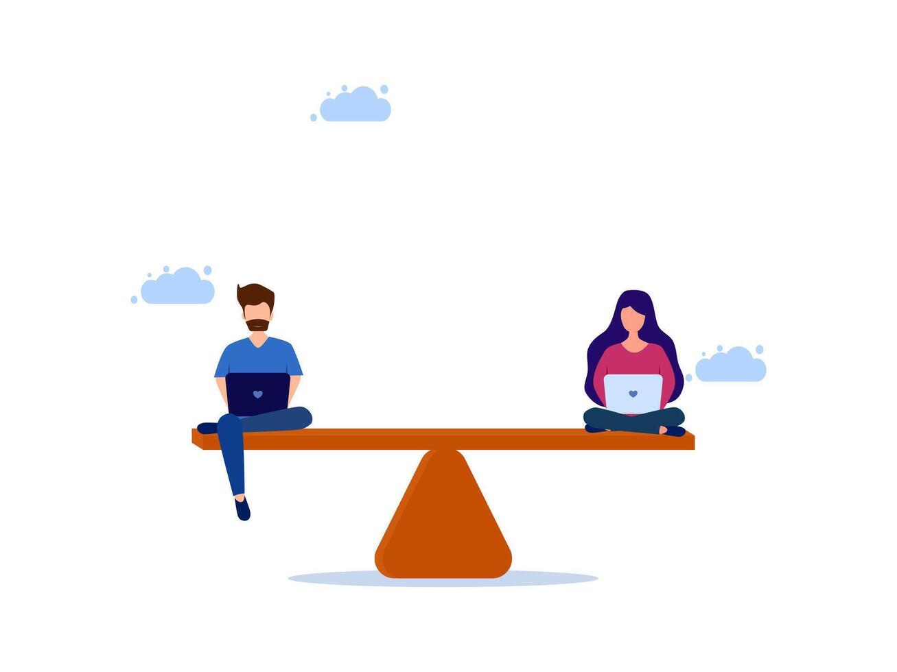 two people sitting on a balance beam with laptops vector