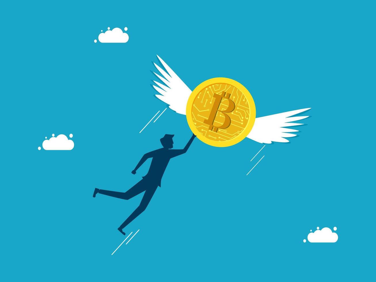 man is holding a bitcoin coin with wings vector