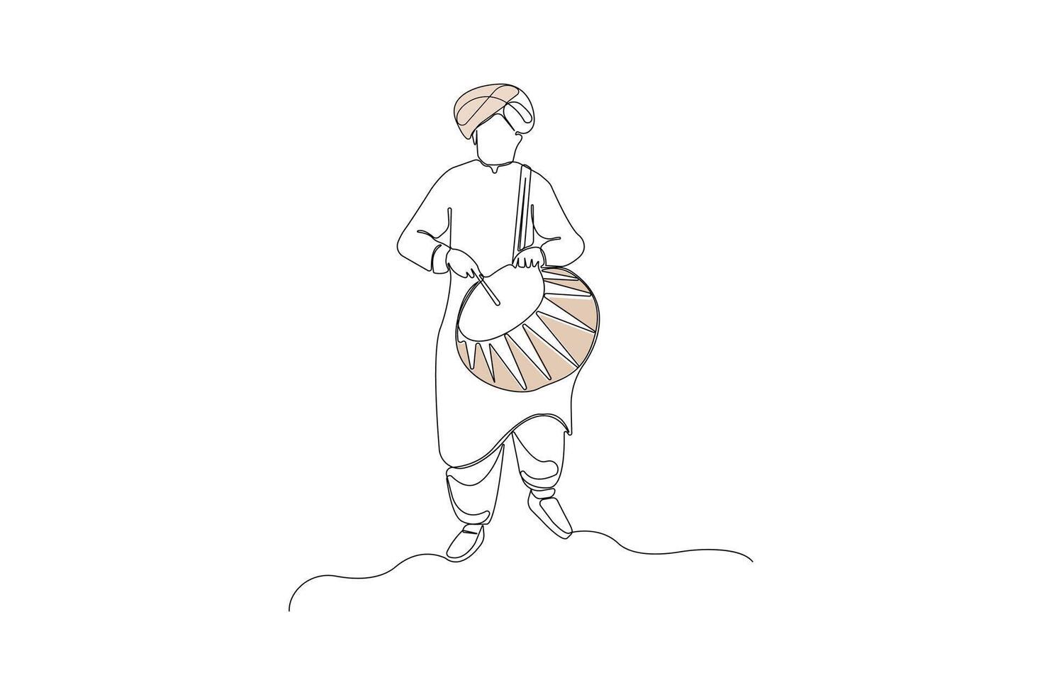 Man playing dhol musical instrument continuous line drawing. vector