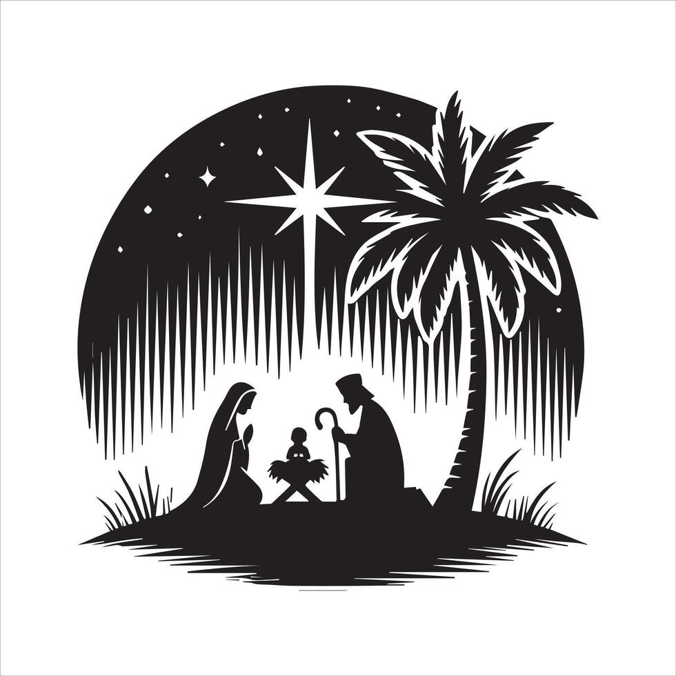 Black and White Nativity Illustration for Christmas vector