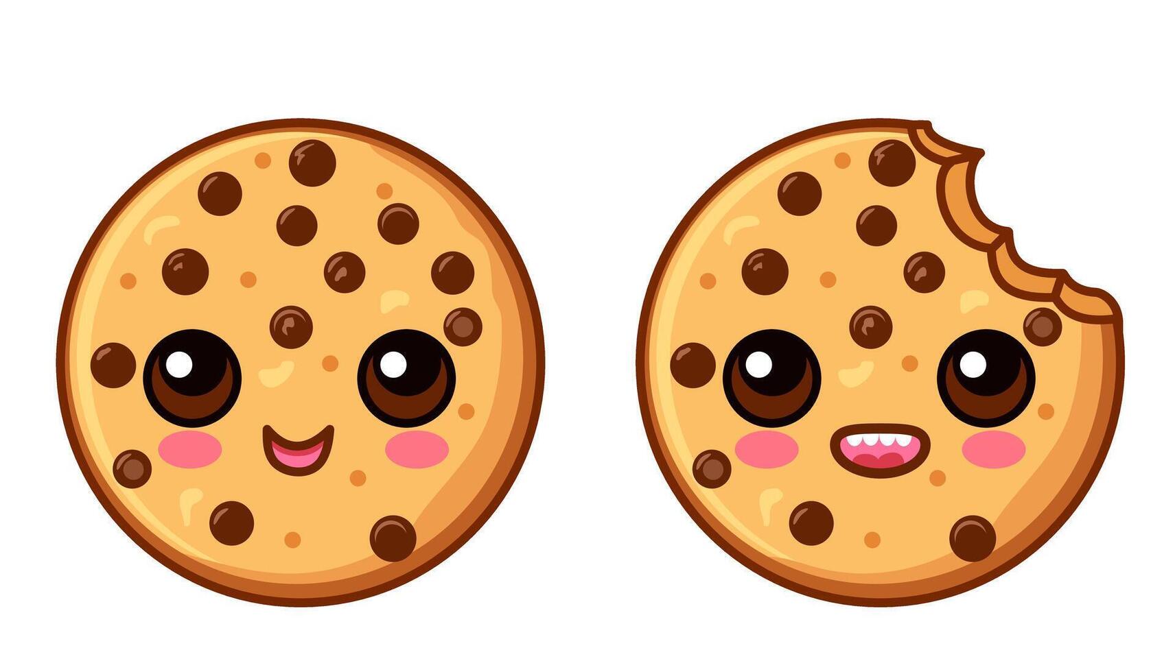 Cute cartoon chocolate cookie character with a funny face. Kawaii chocolate chip cookie character. Happy cookie mascot illustration vector
