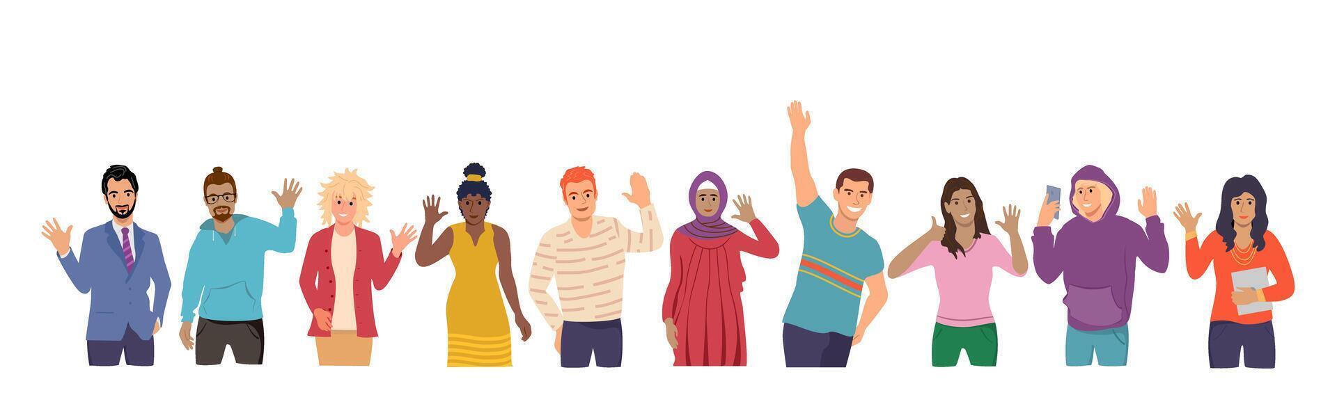 Multiethnic groups of people. Friendly diverse men, women of different race. International communication concept. Multicultural community portrait and citizens. Friendly men vector