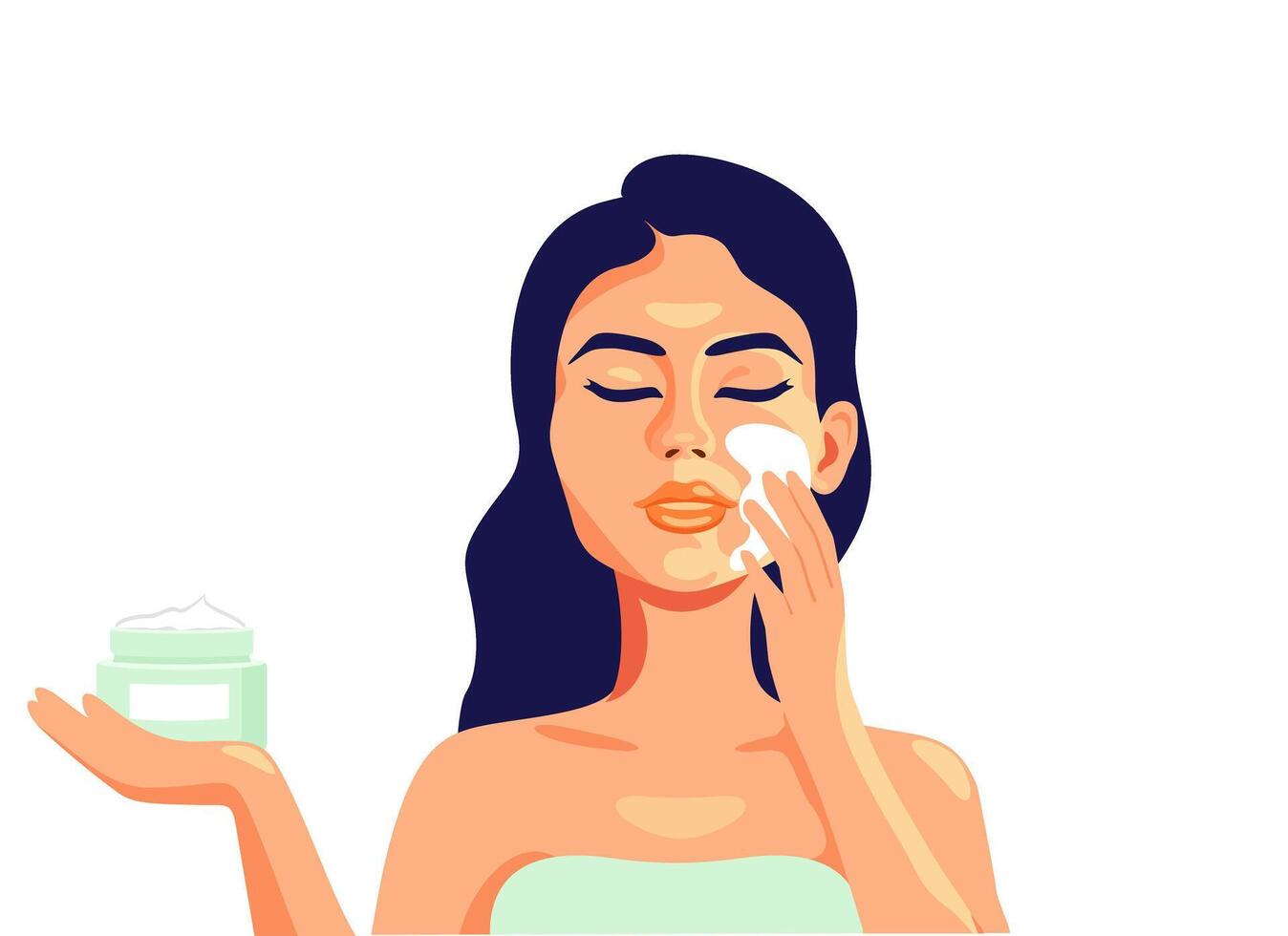 Beautiful woman applying moisturizer on her face. Girl who smeared her face with cream, after which her skin will be tender and without wrinkles. Self-love and self-esteem concept vector