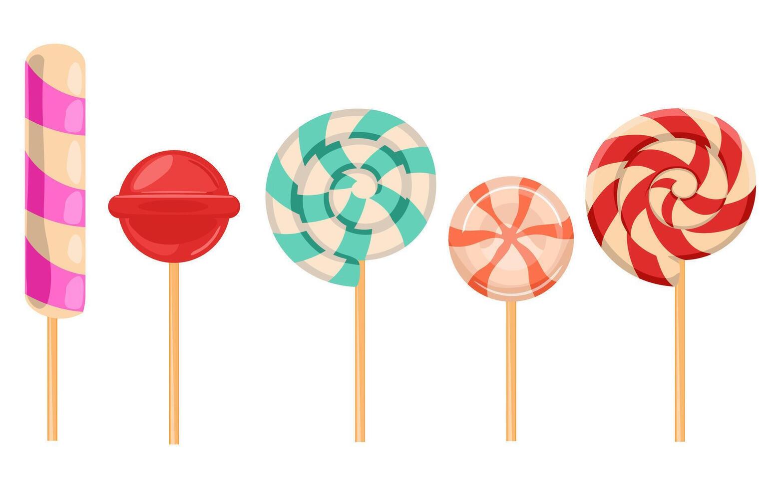 Sweet candy lollipops, spiral, round hard sugar candies on stick. Caramel suckers with striped swirls. Colored bonbon on stick with fruit and berry tastes vector