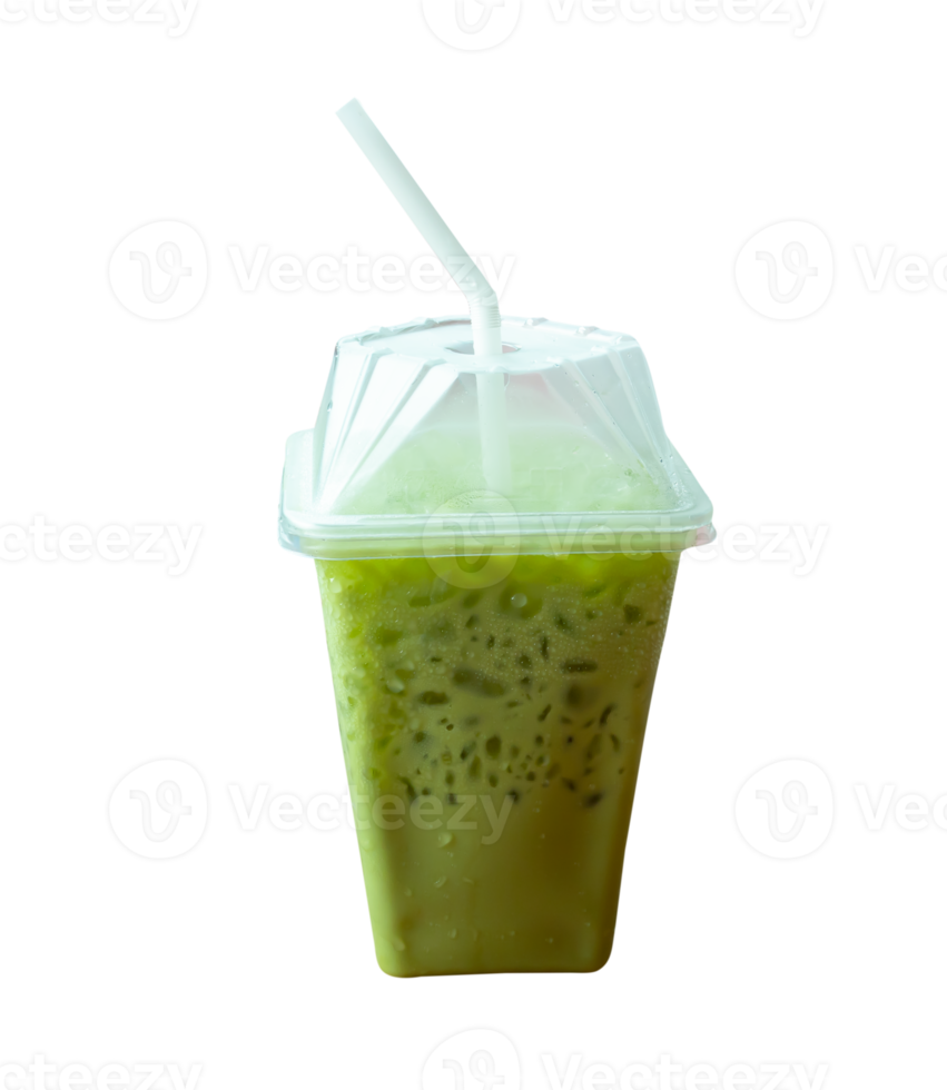 Iced matcha green tea with condensed milk in transparent plastic glass with white straw isolated with clipping path in file format png