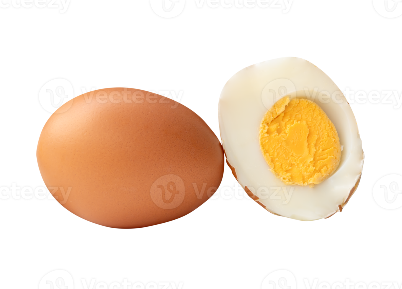 Side view of boiled or cooked brown chicken eggs with half and egg yolk in stack isolated with clipping path in file format png