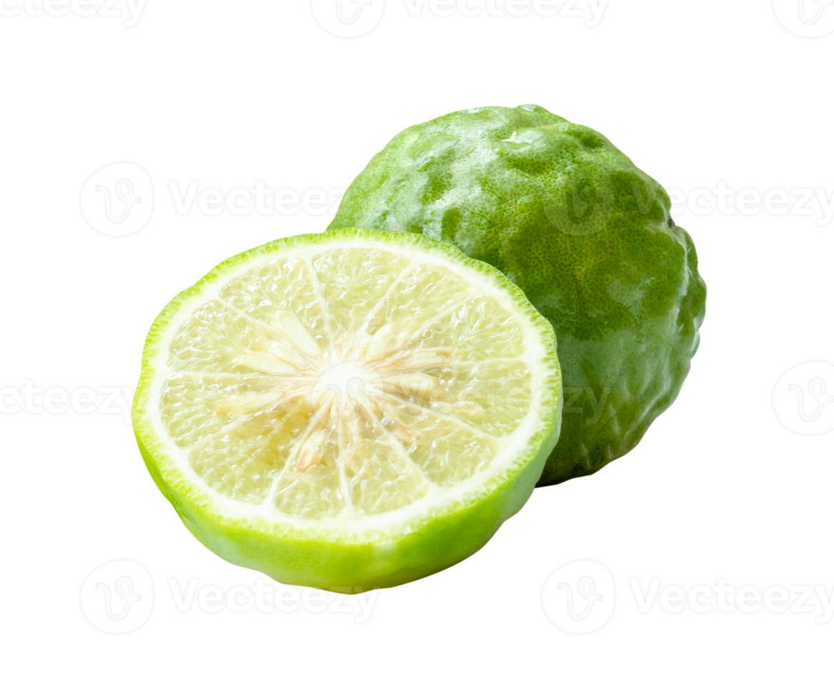 Top view of fresh green bergamot fruit or kaffir lime with half in stack isolated with clipping path in file format png