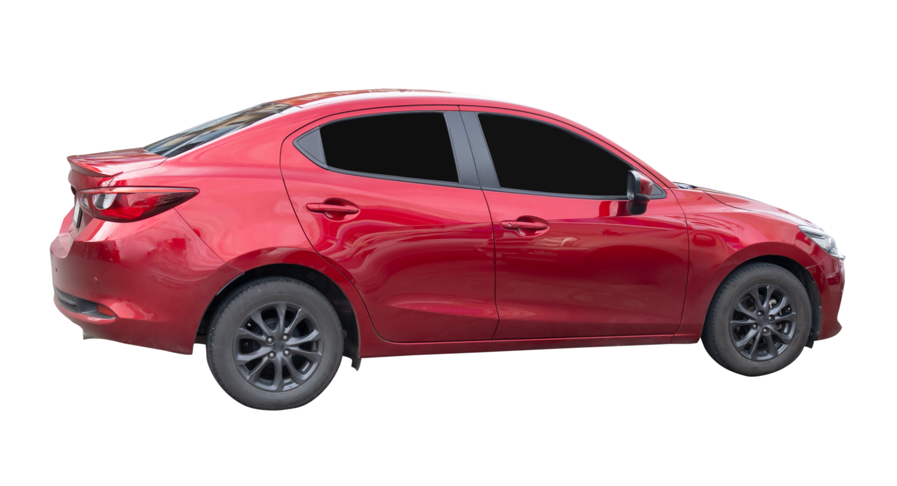 Side view of red sedan sports car isolated with clipping path in file format png