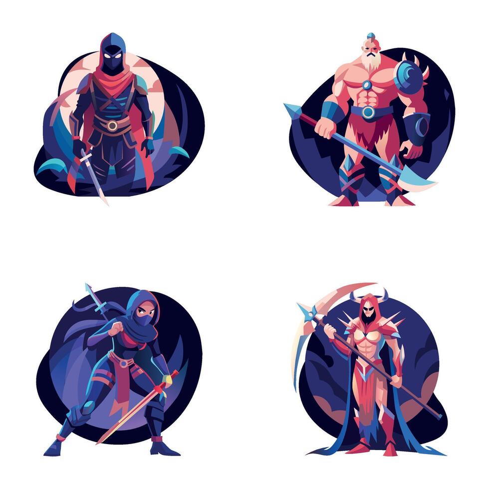 Bundle of Warrior Characters Flat Illustrations vector