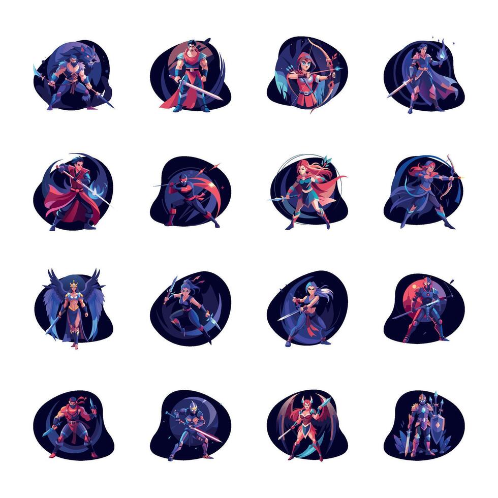 Set of 16 Gaming Characters Flat Illustrations vector