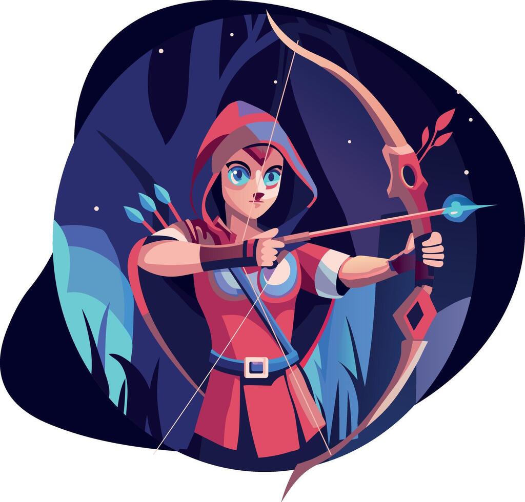 A flat style character illustration of a bowwoman vector