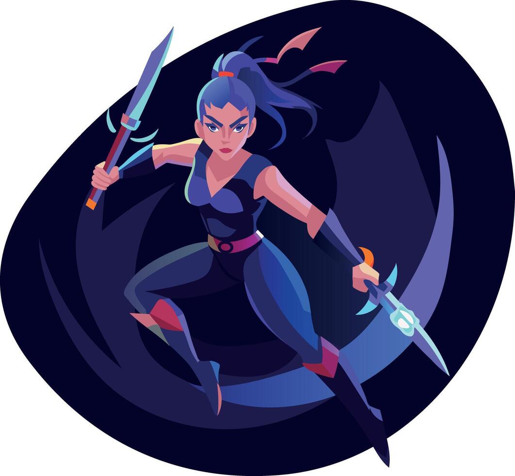 Dagger girl in fighting pose, flat character illustration vector