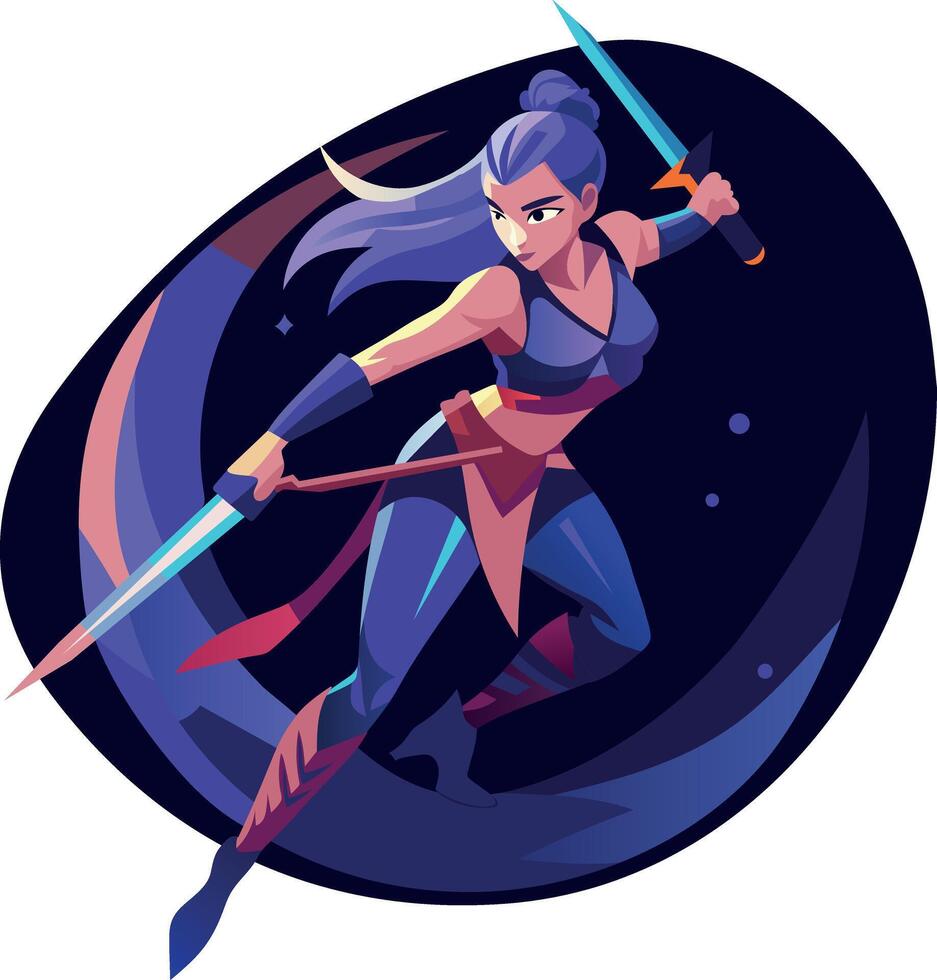 Dagger girl in fighting pose, flat character illustration vector