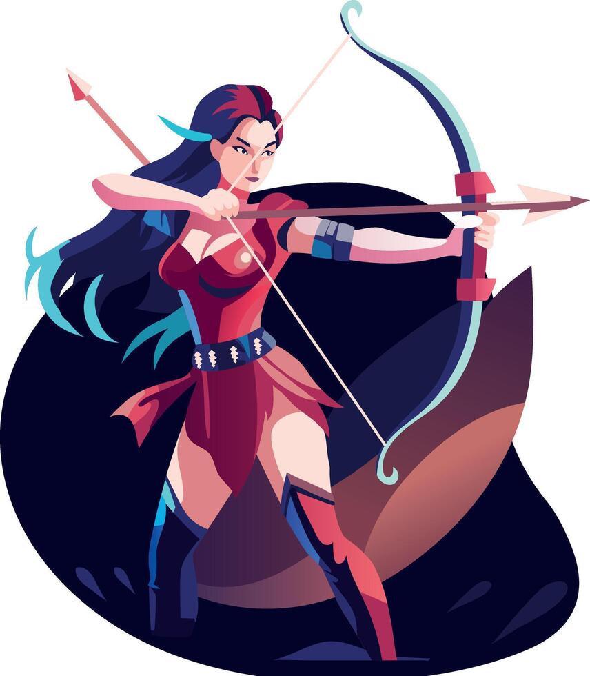 A flat style character illustration of a bowwoman vector