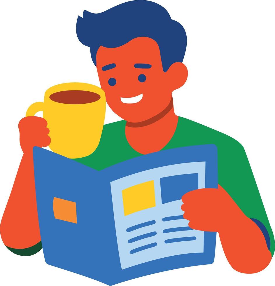 Boy reading news while sipping tea, flat icon vector