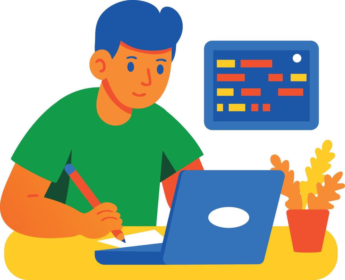 chico codificación en computadora portátil, plano personaje icono vector