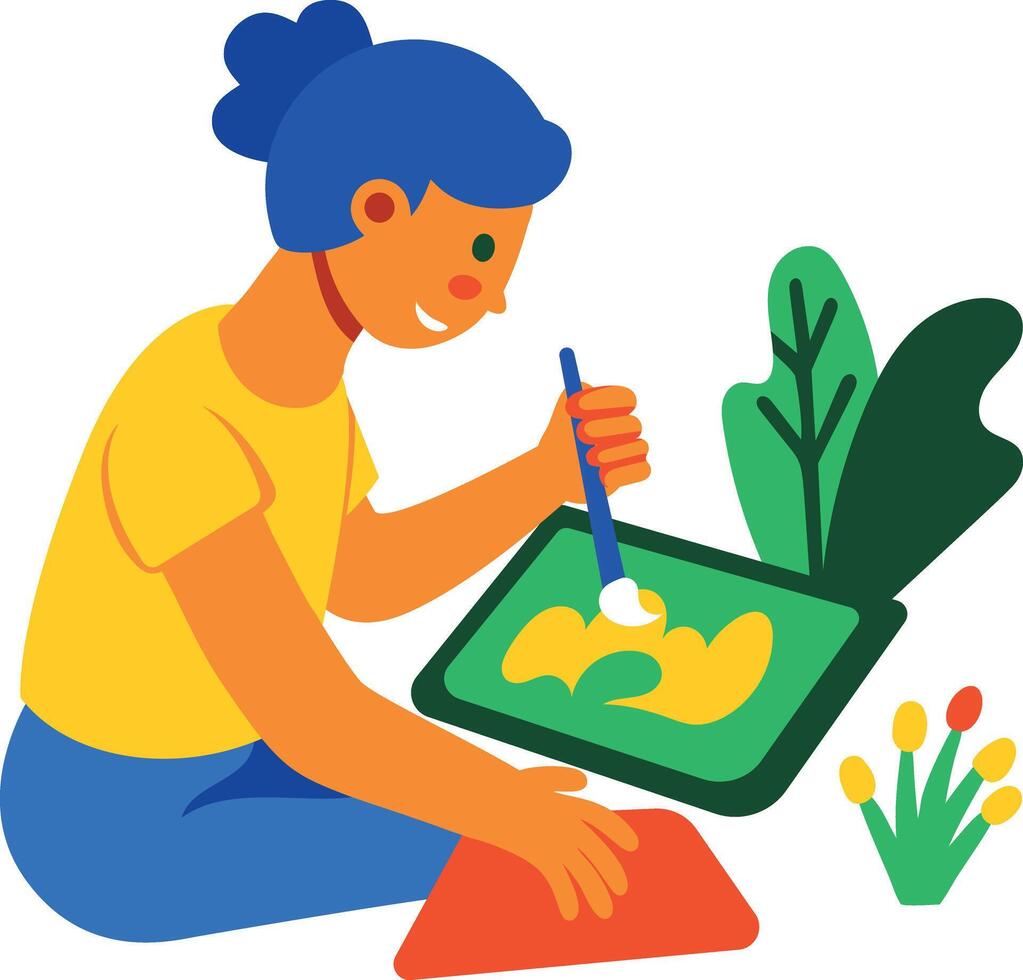 A flat character icon of girl doing digital art vector