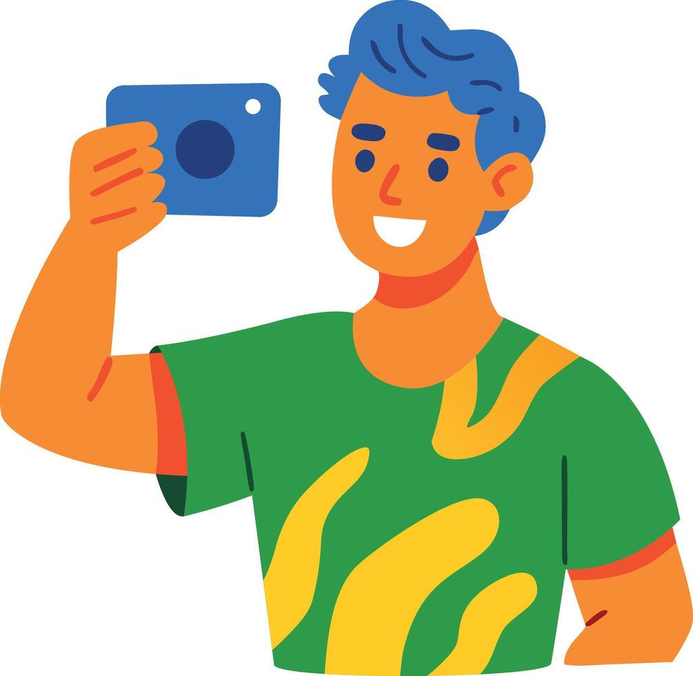 Happy boy taking selfie, flat character icon vector