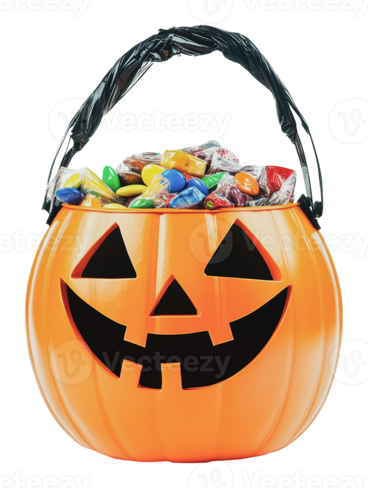 Colorful Halloween candy bucket filled with treats png