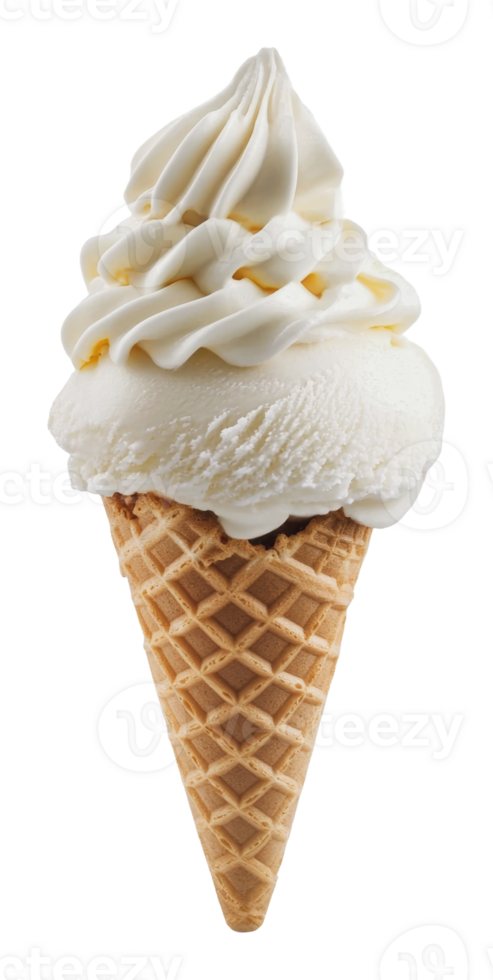 Creamy vanilla soft serve cone with a waffle base png