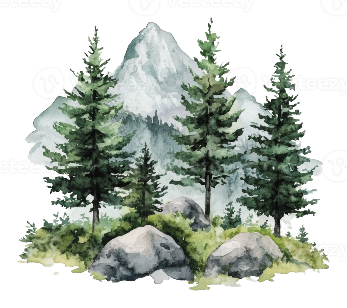 Mountain landscape with evergreen trees and rocks png